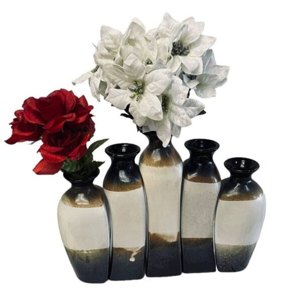 Multicolor Ceramic Vases Elegant Black Brown White Glaze Home Decor Set Of 5 - Picture 1 of 7